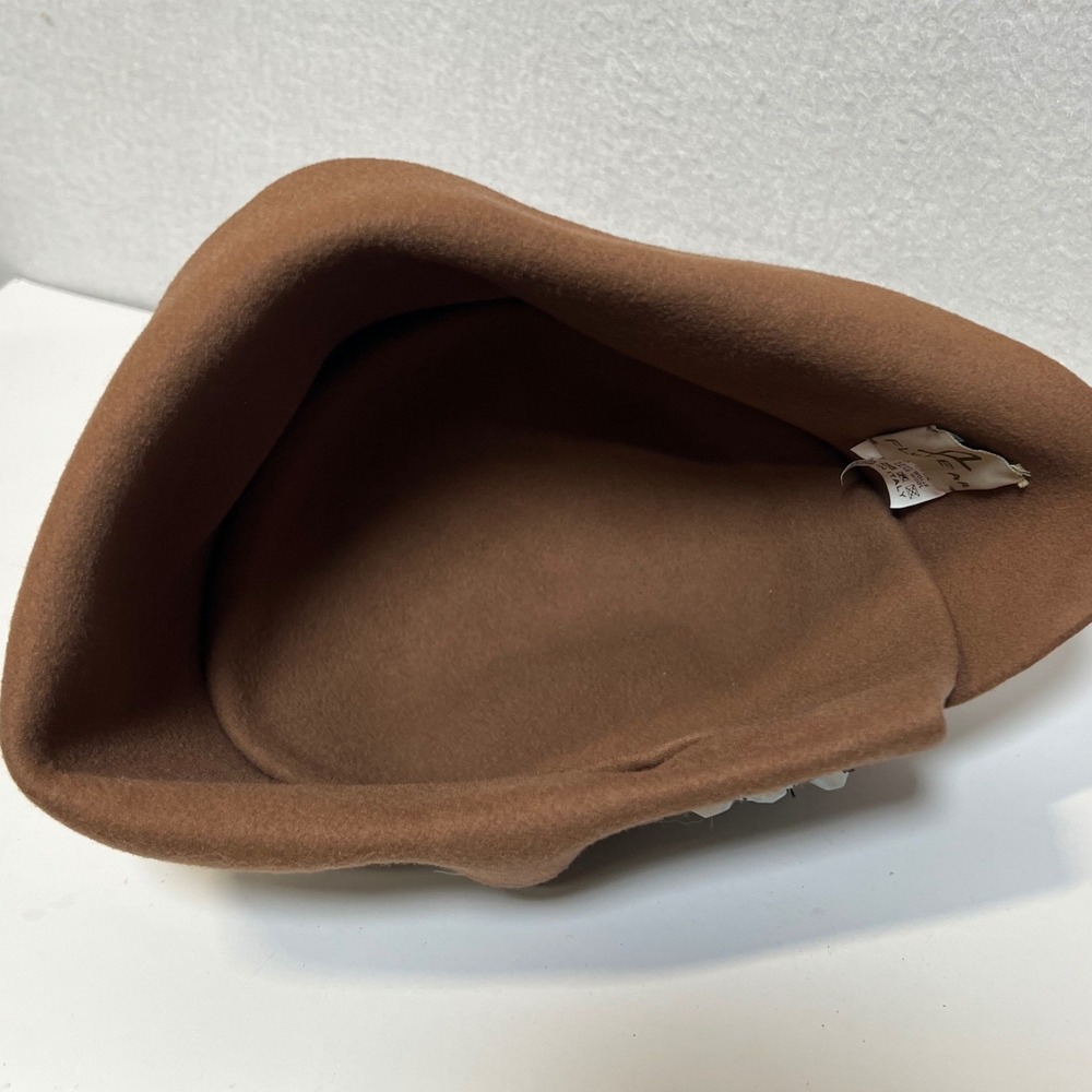 Flu's Ear Italy Brown 100% Wool Felt Cloche Hat Crystal Starburst Brooch Accent - Picture 5 of 8